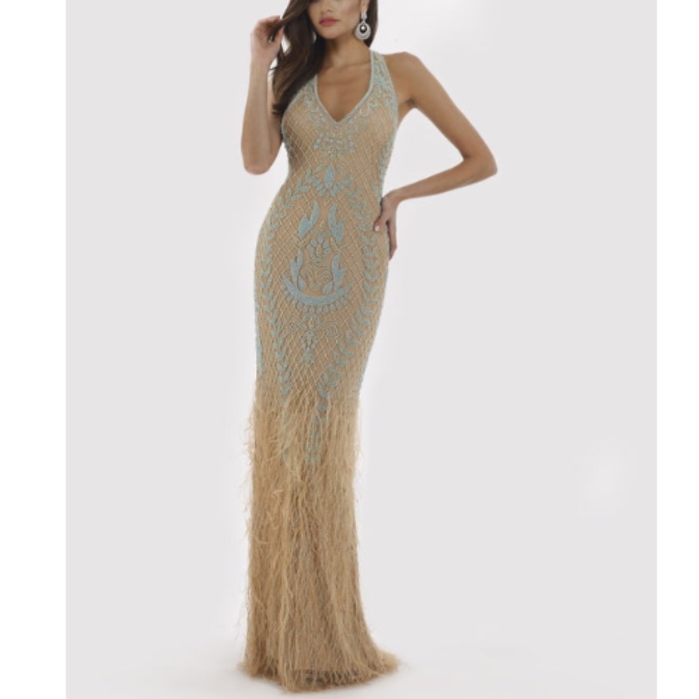 FEATHER EMBELLISHED LONG DRESS WITH OPEN BACK